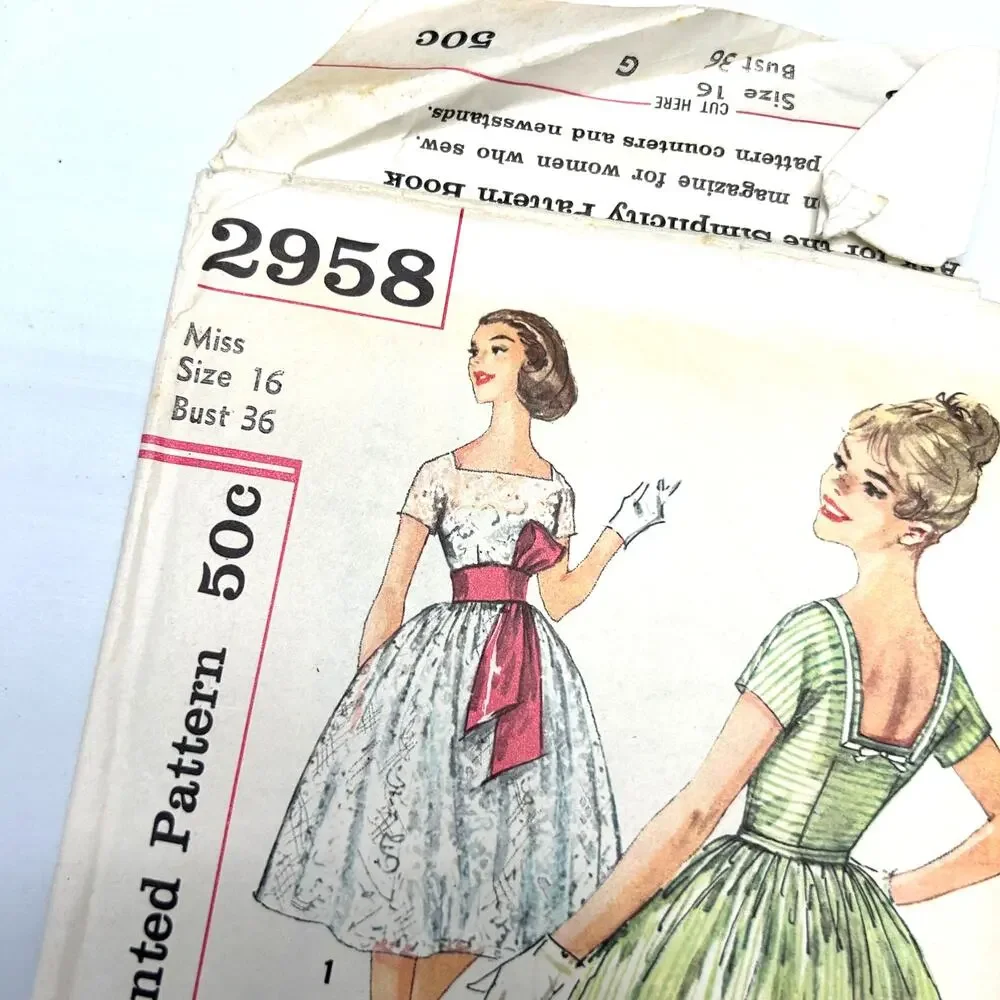 Simplicity Vintage 1959 Pattern #2958 Flare Swing Dress Miss Size‎ 16